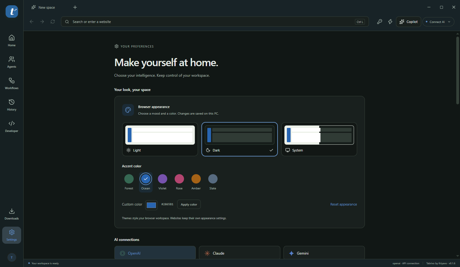 Actual Tabrivo desktop preview showing its dark theme and browser appearance controls