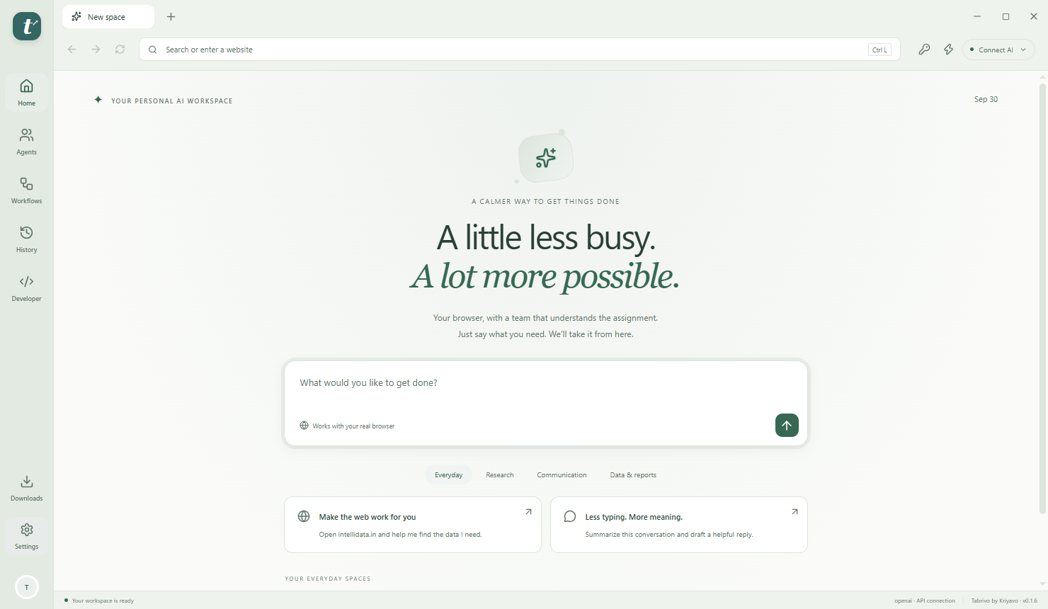 Actual Tabrivo Browser preview showing the calm home workspace, task box and website shortcuts